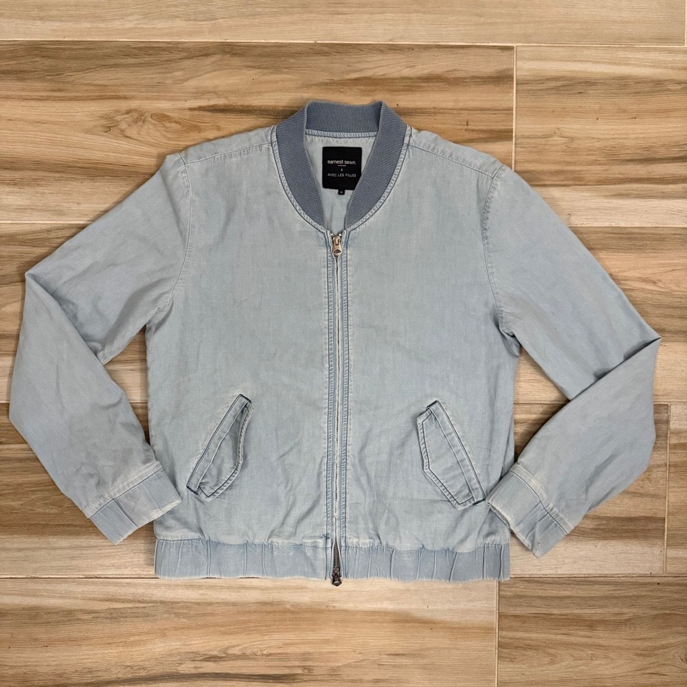 Earnest Sewn x Avec Les Filles Light Wash Denim Bomber Jacket Mens Medium Blue